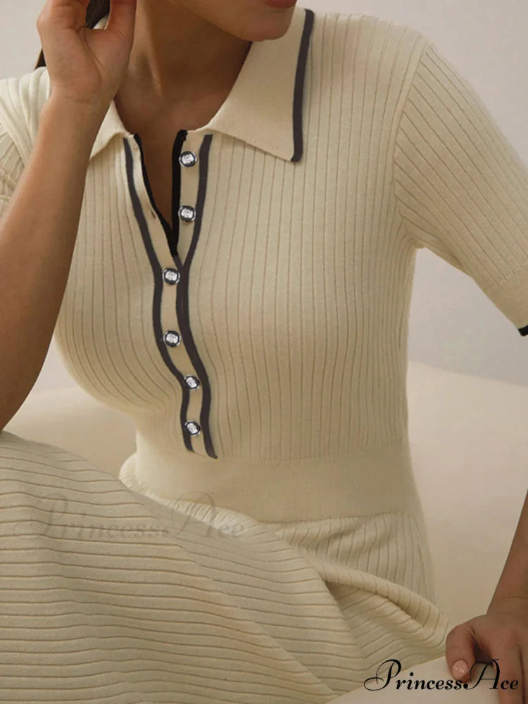 Contrast Trim Collared Rib Modern Knit Short Sleeve Midi Dress