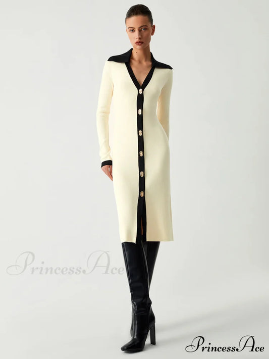 Contrast Trim Collared Trendy Long Sleeve Knit Dress Off-White / S