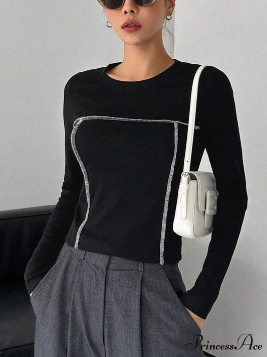 Contrast Trim Crew Trendy Neck Long Sleeve Shirt Black / S