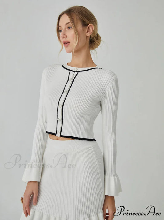 Contrast Trim Graceful Long Sleeve Cardigan Off-White / XS