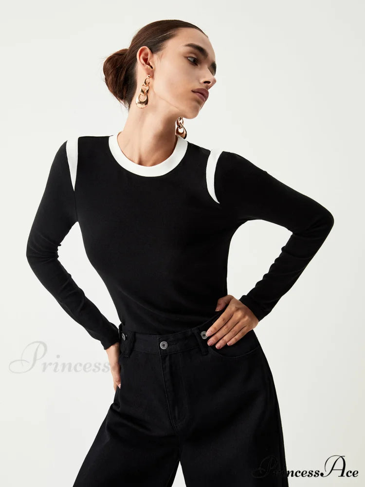 Contrast Trim Graceful Long Sleeve Shirt Black / XS