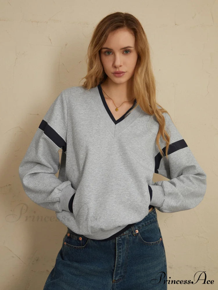 Contrast Trim Graceful Oversized Sweatshirt Grey / XS