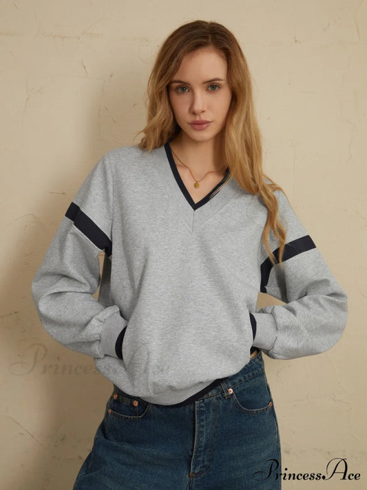 Contrast Trim Graceful Oversized Sweatshirt Grey / XS