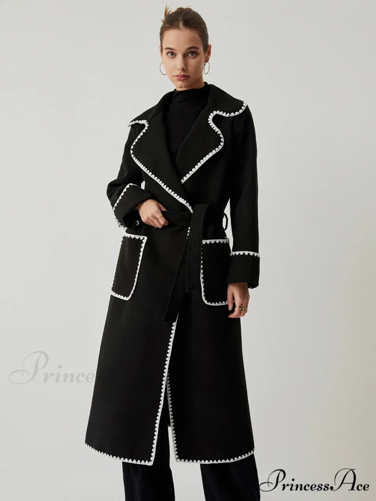 Contrast Trim Graceful Pocket Tweed Coat Black / XS