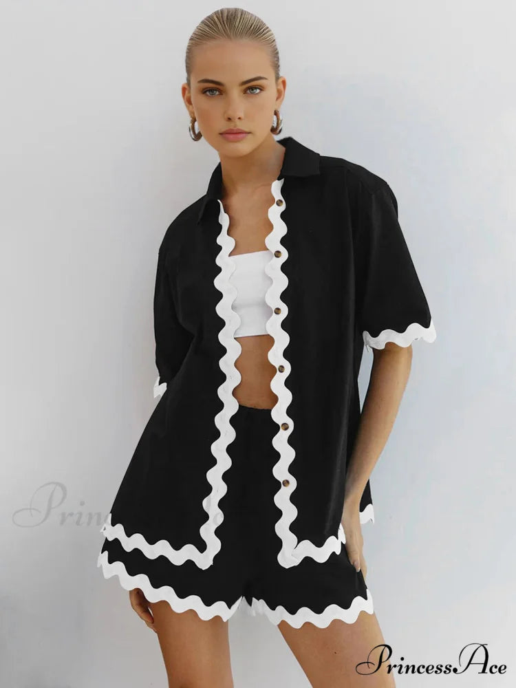 Contrast Trim Graceful Shorts Set Black / XS