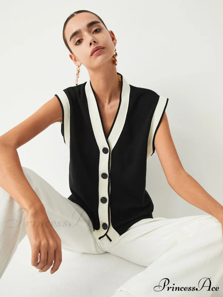 Contrast Trim Graceful Sweater Vest Black / XS