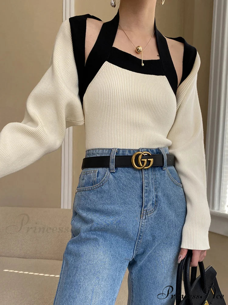 Contrast Trim Halter Bolero Modern Two Piece Sweater Set Off-White / XS