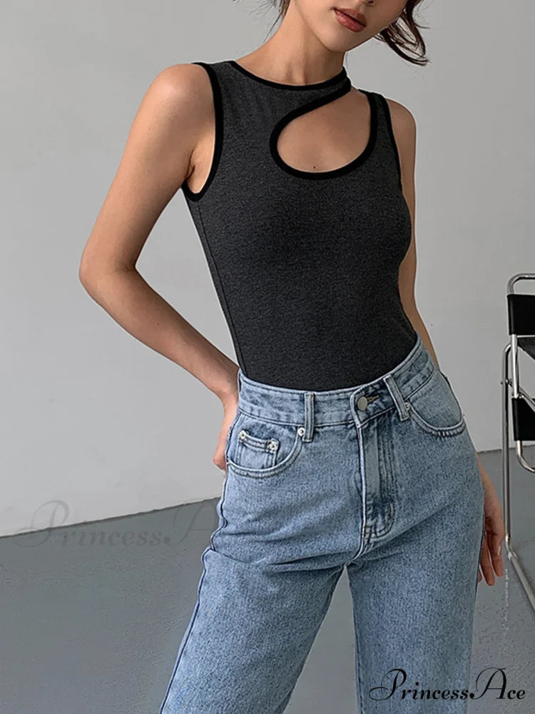 Contrast Trim Halter Trendy Cutout Tank Top