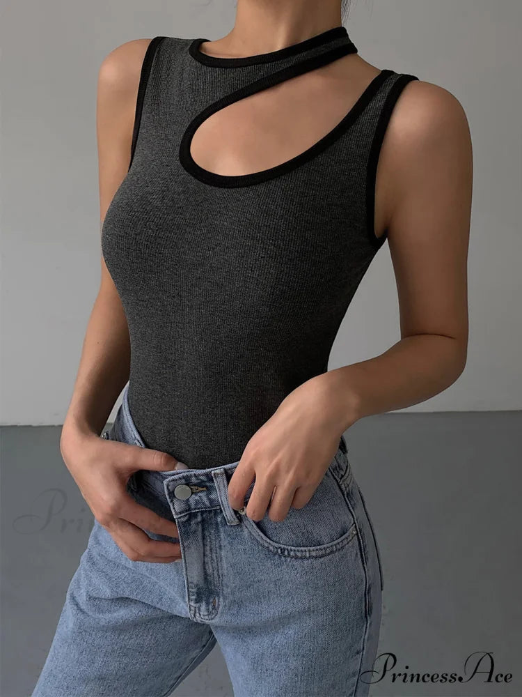 Contrast Trim Halter Trendy Cutout Tank Top Grey / XS