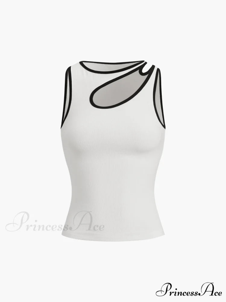 Contrast Trim Halter Trendy Cutout Tank Top White / XS