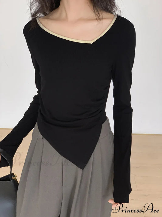 Contrast Trim Long Trendy Sleeve Asymmetrical Top Black / S