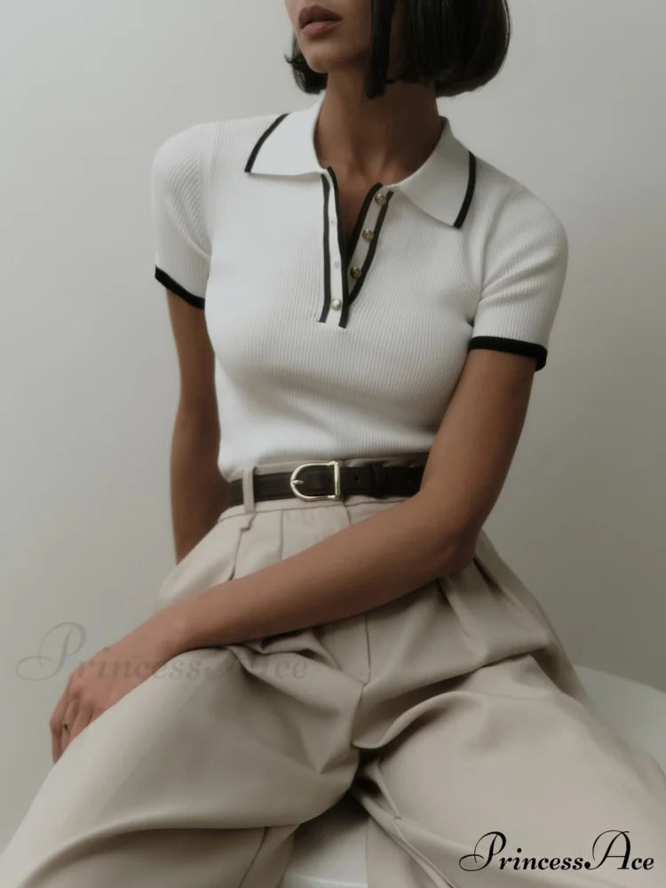 Contrast Trim Metal Trendy Button Knit Top