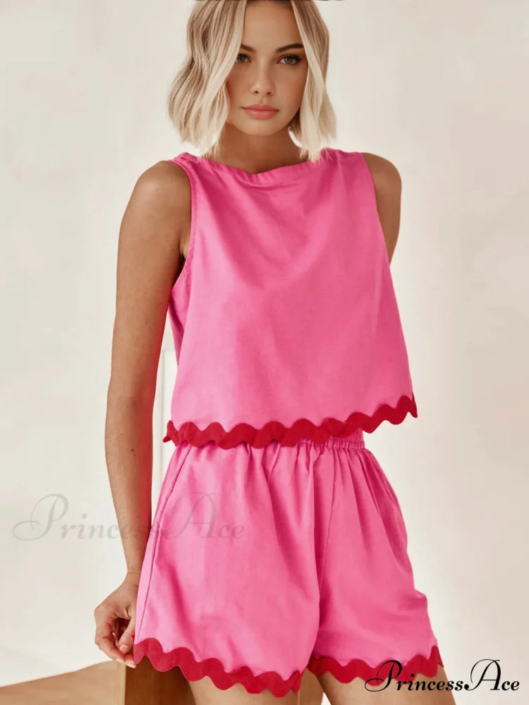 Contrast Trim Mid Trendy Waist Shorts Set