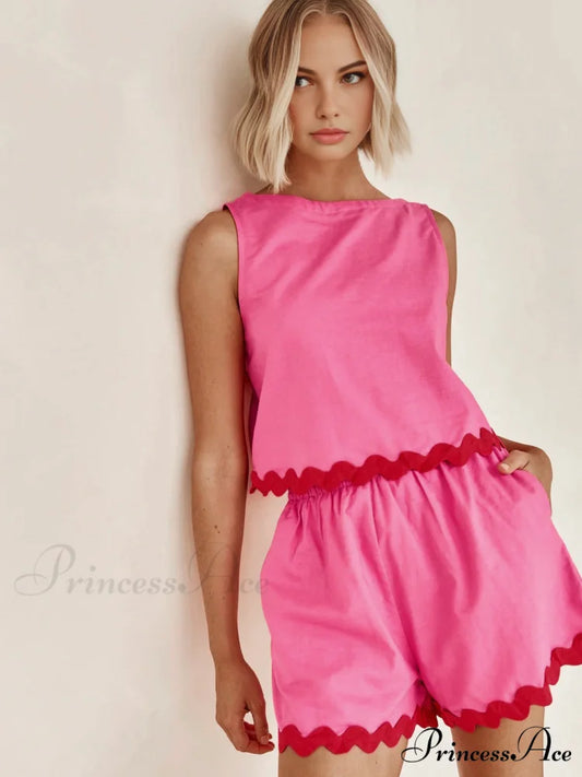 Contrast Trim Mid Trendy Waist Shorts Set Pink / XS