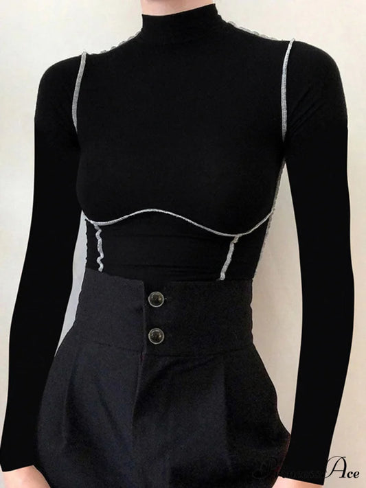 Contrast Trim Mock Trendy Neck Long Sleeve Top Black / XS