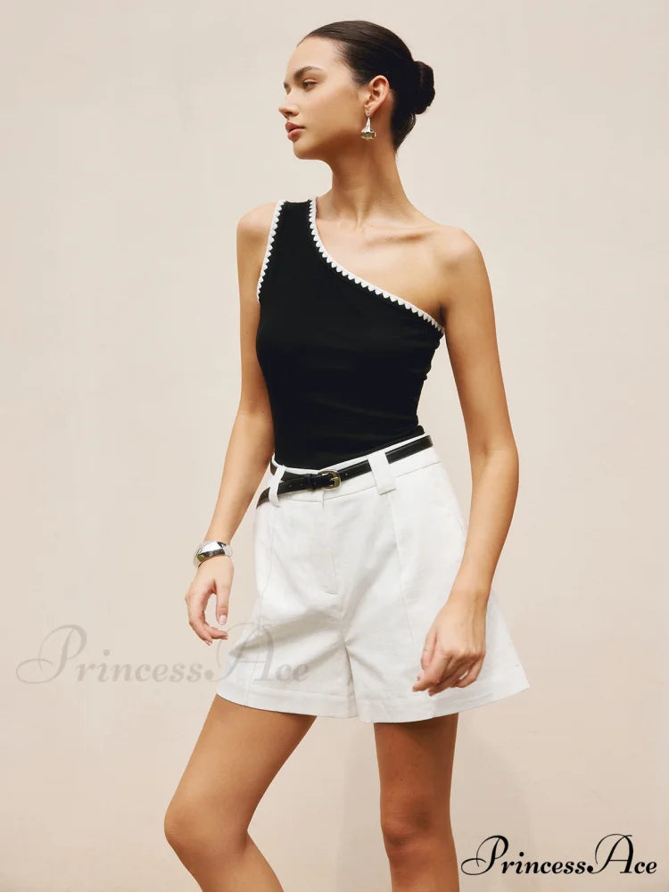 Contrast Trim One Trendy Shoulder Off Tank Top