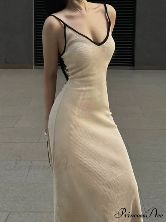 Contrast Trim V Trendy Neck Long Dress