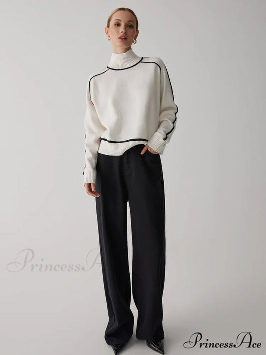 Contrast Turtleneck Graceful Long Sleeve Sweater White / XS