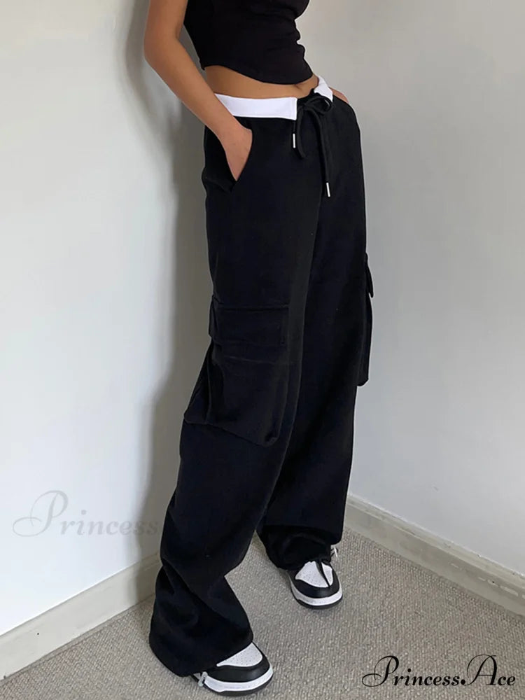 Contrast Waistband Graceful Cargo Sweatpants Black / XS