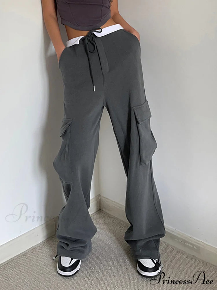 Contrast Waistband Graceful Cargo Sweatpants Grey / XS