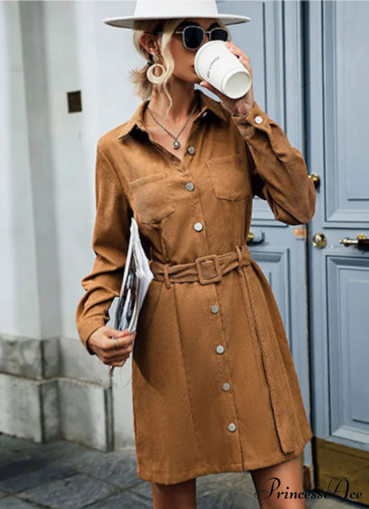 Corduroy Dress Women Long Sleeves Turn Down Collar Elegant Casual Autumn Winter