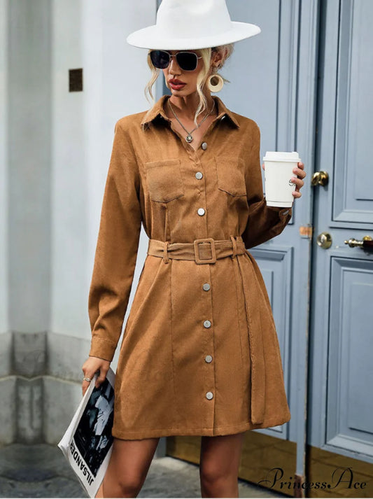 Corduroy Dress Women Long Sleeves Turn Down Collar Elegant Casual Autumn Winter