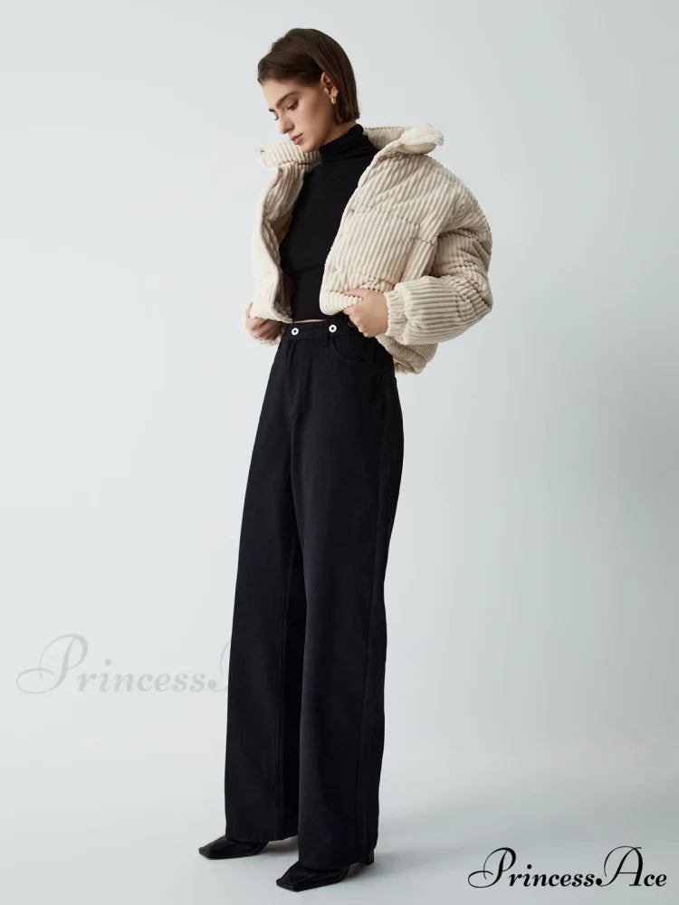 Corduroy Open Graceful Collar Puffer Coat