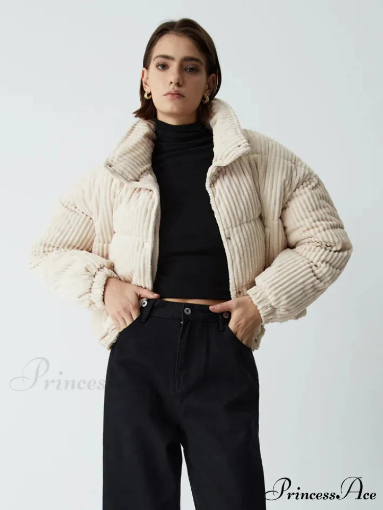 Corduroy Open Graceful Collar Puffer Coat Off-White / XS