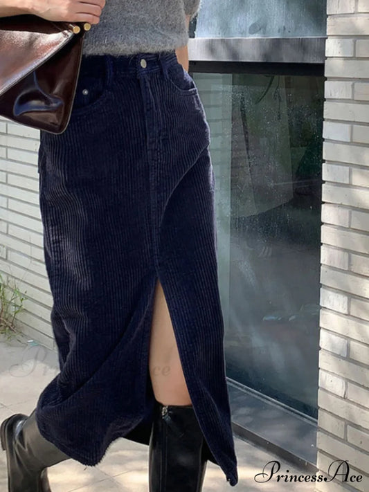 Corduroy Split Graceful Midi Skirt Navy / XS