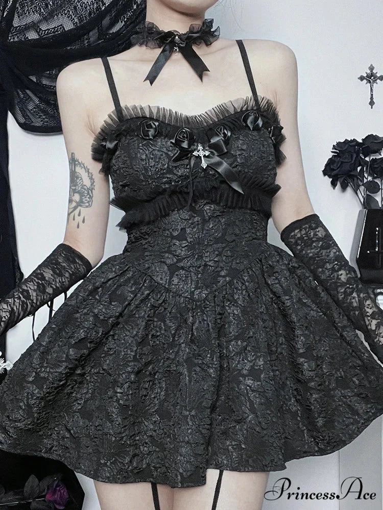 Corset A-Line Mini Black Rose Print Lace Patchwork Shirring Backless Slip Nightclub Dress Black / S