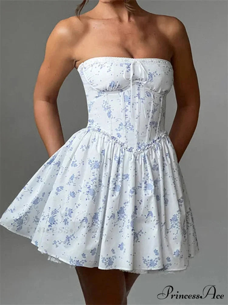 Corset Bind-Up Lace Trim Short Dress blue / S minidress-250223