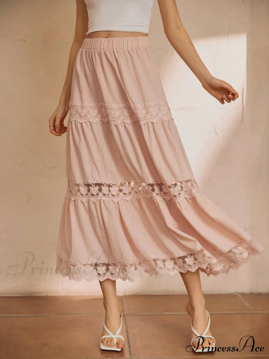 Cotton Blends Lace Trendy Trim Maxi Skirt Pink / XS
