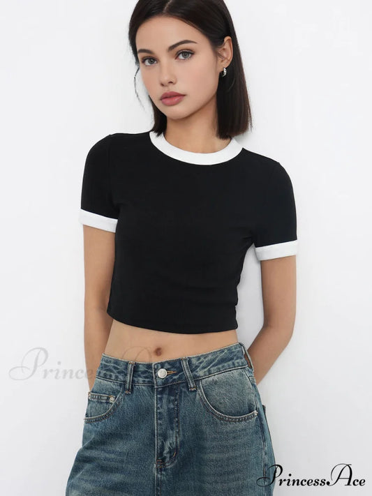 Cotton Contrast Graceful Trim Cropped Top Black / S