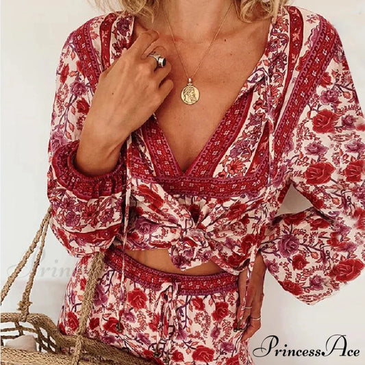 Cotton Crimson Floral Print Lantern Sleeve Boho Top bohoblouse-250126