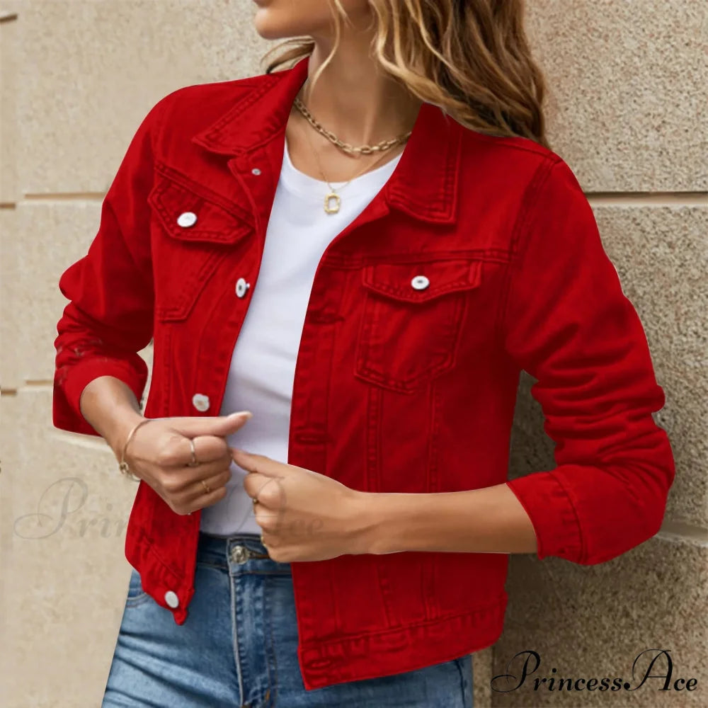 Cotton Denim Spring Autumn Cardigan Punk Gothic Bomber Windbreaker Hollow Out Jacket Red / S