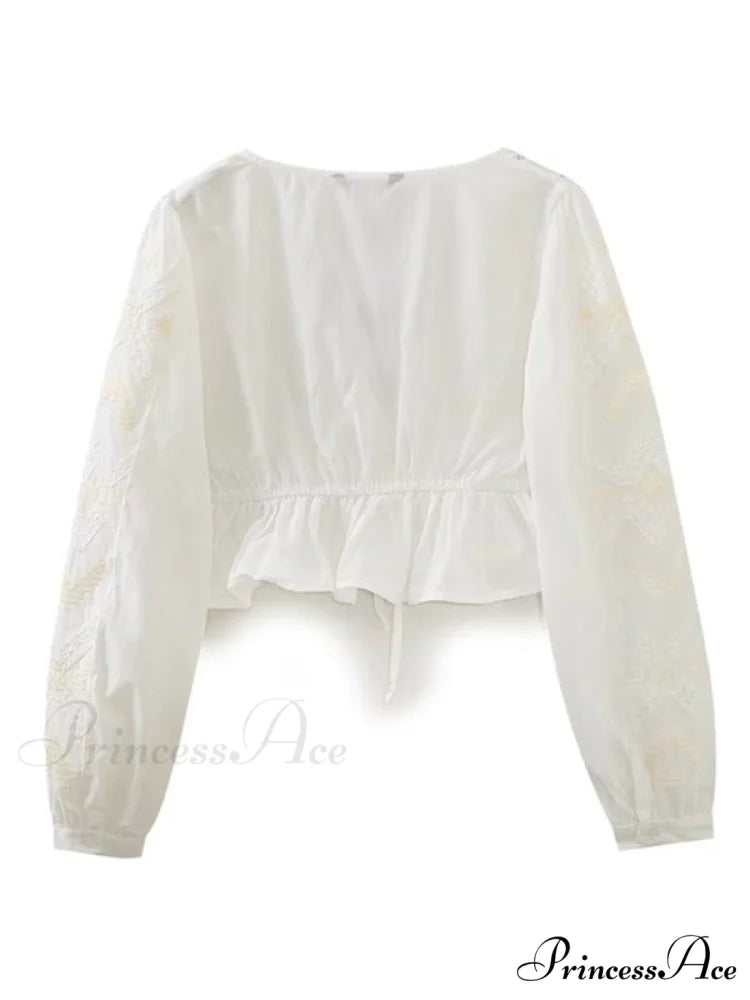 Cotton Embroidered Women’s Crop Arm Drape V-neck Long Retro Sweet Top