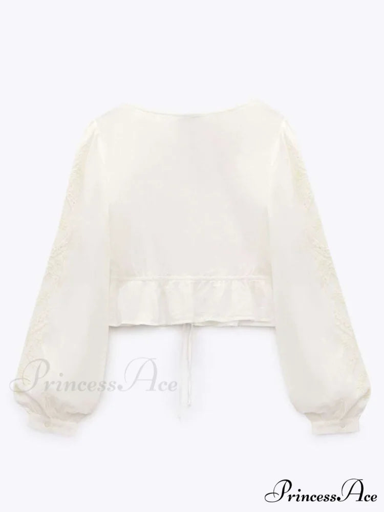 Cotton Embroidered Women’s Crop Arm Drape V-neck Long Retro Sweet Top
