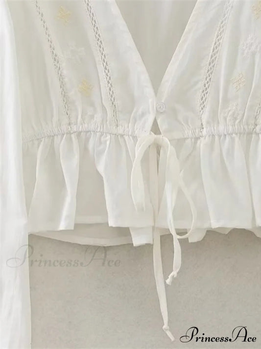 Cotton Embroidered Women’s Crop Arm Drape V-neck Long Retro Sweet Top White / XS