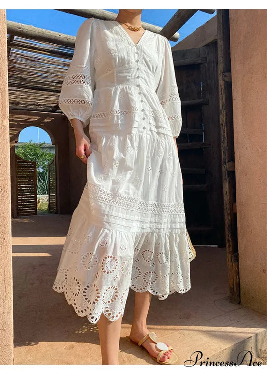 Cotton Flower V-neck Trim Summer Boho Dress bohodress-250126