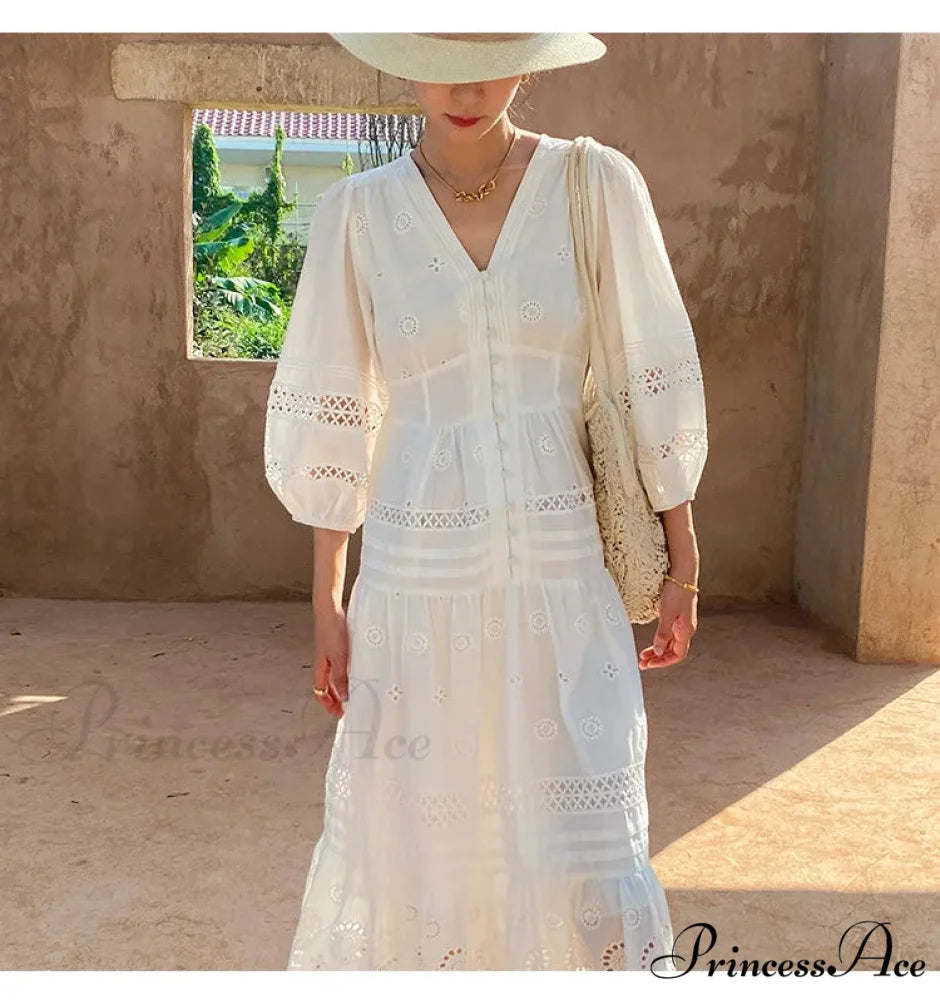 Cotton Flower V-neck Trim Summer Boho Dress bohodress-250126