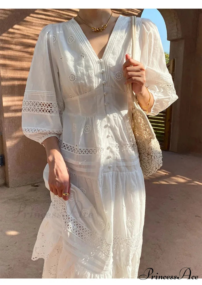 Cotton Flower V-neck Trim Summer Boho Dress bohodress-250126