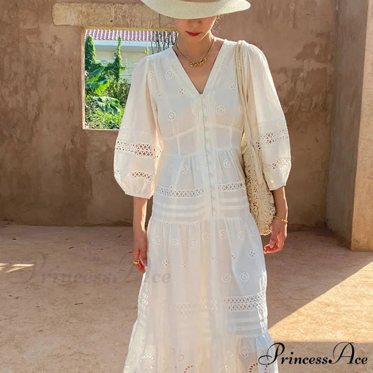 Cotton Flower V-neck Trim Summer Boho Dress off white / S bohodress-250126