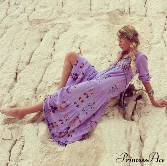 Cotton Flowery Stitched Long Dress Lavender / S bohodress-250126