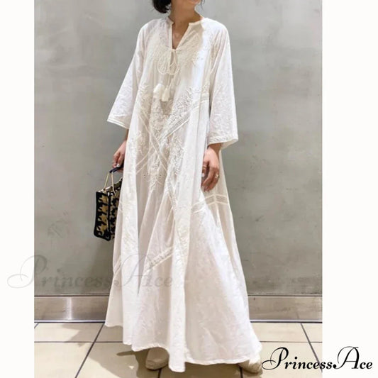Cotton Linen Beach White V Neck Embroidered Boho Dress White / One Size