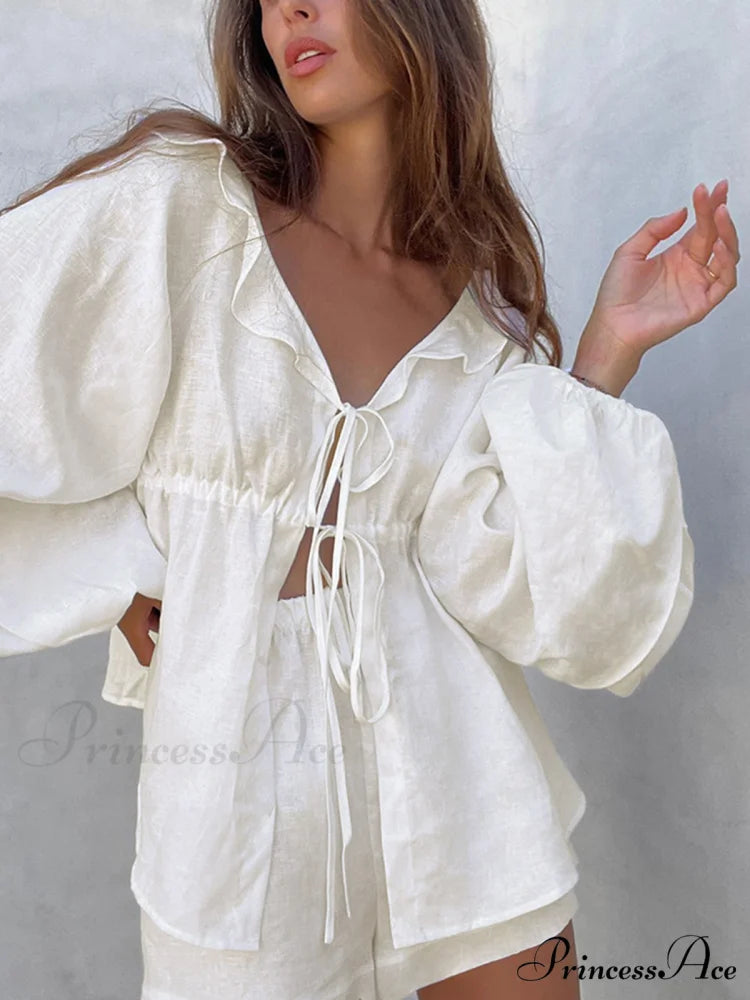 Cotton & Linen Cowgirl Modern Melody Two Piece Shorts Set White / XS