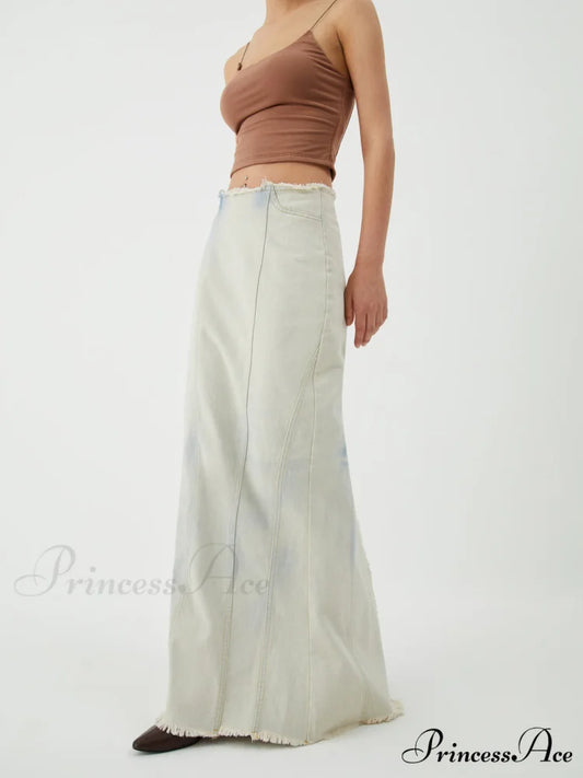 Cotton Minimalism Washed Trendy Denim Maxi Skirt Blue / XS