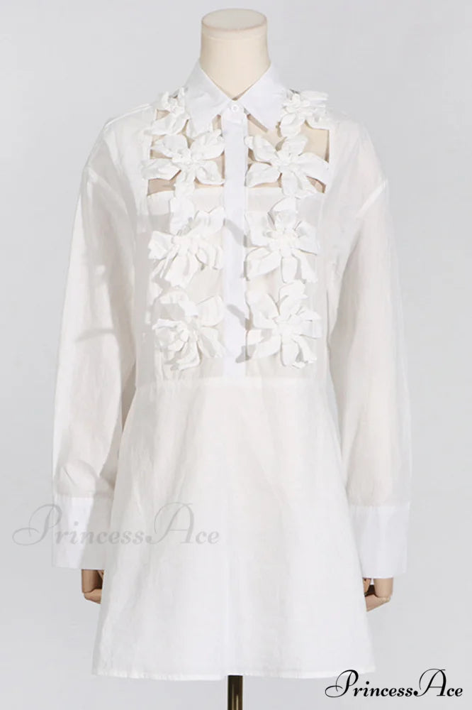 Cotton Poplin 3D Charming Flower Short Dress S / White