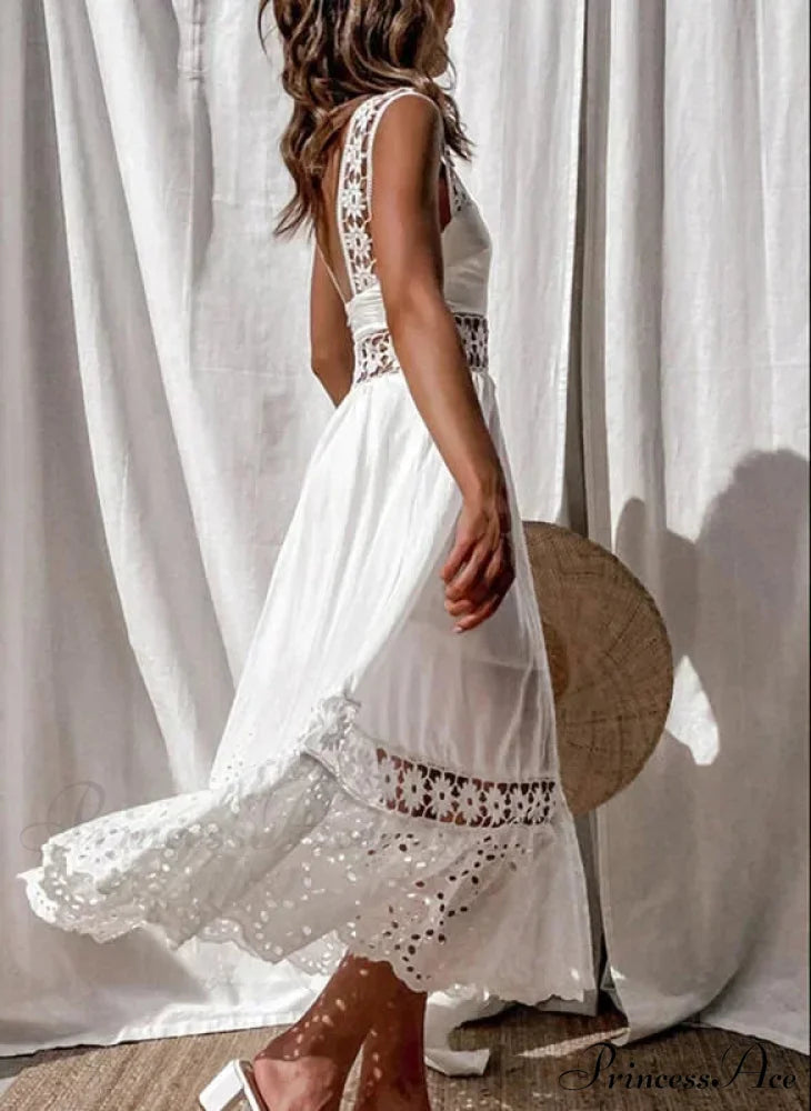 Cotton Sleeveless White Hollow Out Maxi Boho Sundress bohodress-250126