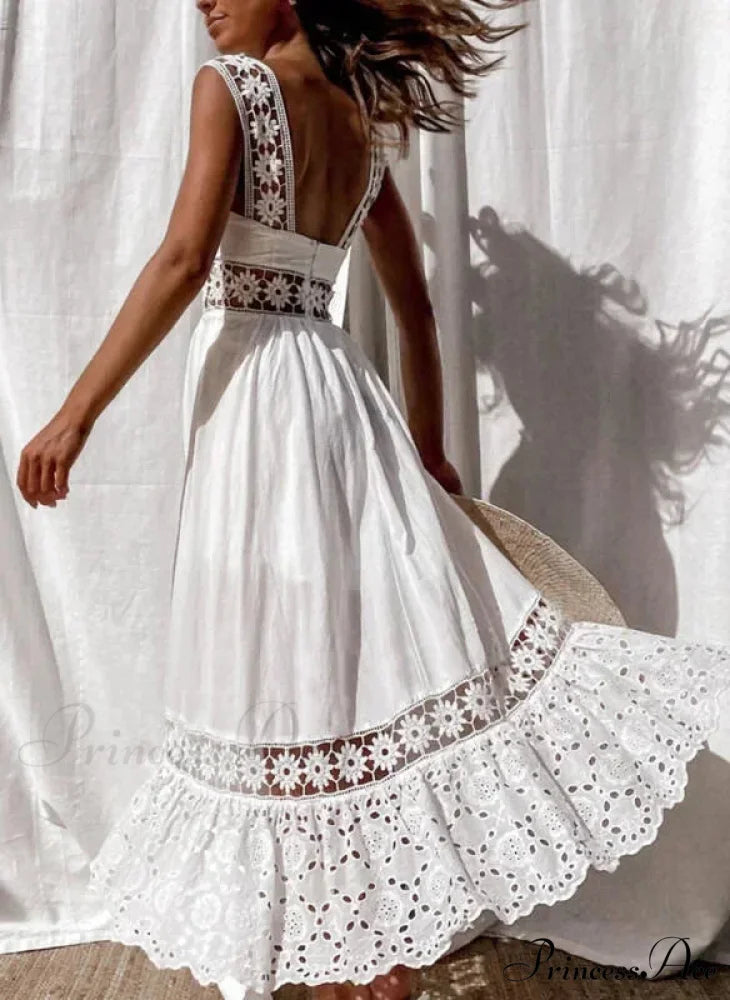 Cotton Sleeveless White Hollow Out Maxi Boho Sundress bohodress-250126
