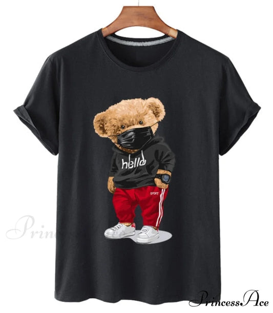 Cotton Sports Mask Bear Print Short-sleeved T-shirt black / S